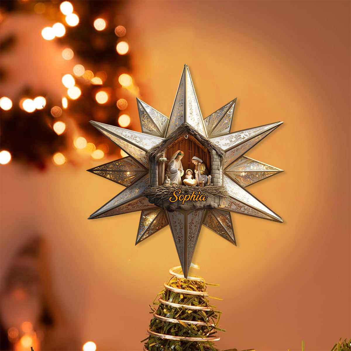 Stern von Bethlehem, Krippenszene - Personalisierte christliche LED-Lichterbaumspitze