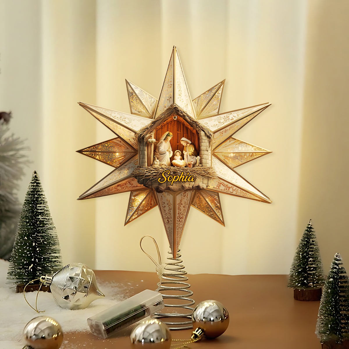 Stern von Bethlehem, Krippenszene - Personalisierte christliche LED-Lichterbaumspitze