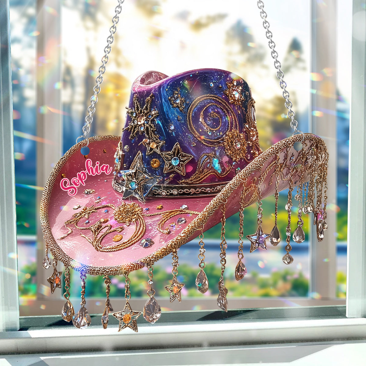 Wunderschöner Cowboyhut – Personalisierter Cowgirl-Fensterhänger als Sonnenfänger