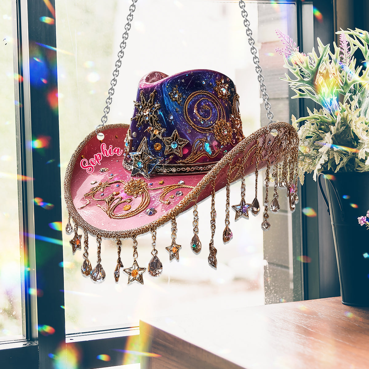Wunderschöner Cowboyhut – Personalisierter Cowgirl-Fensterhänger als Sonnenfänger