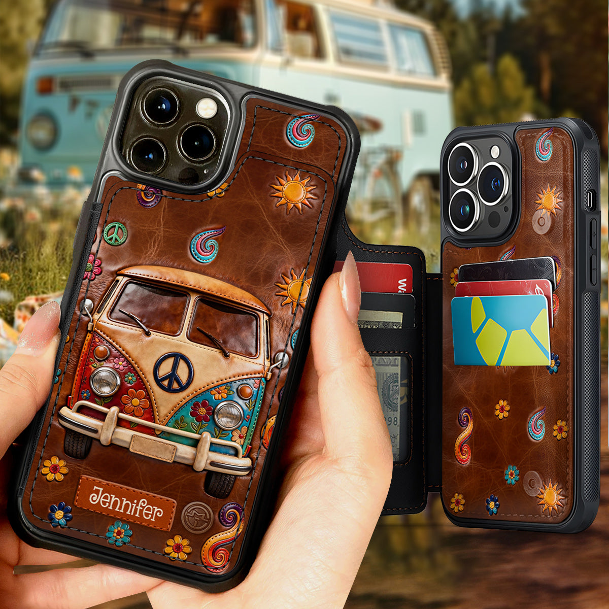 Étui portefeuille pour téléphone à motif floral hippie - Étui de téléphone personnalisé et imprimé avec élégance