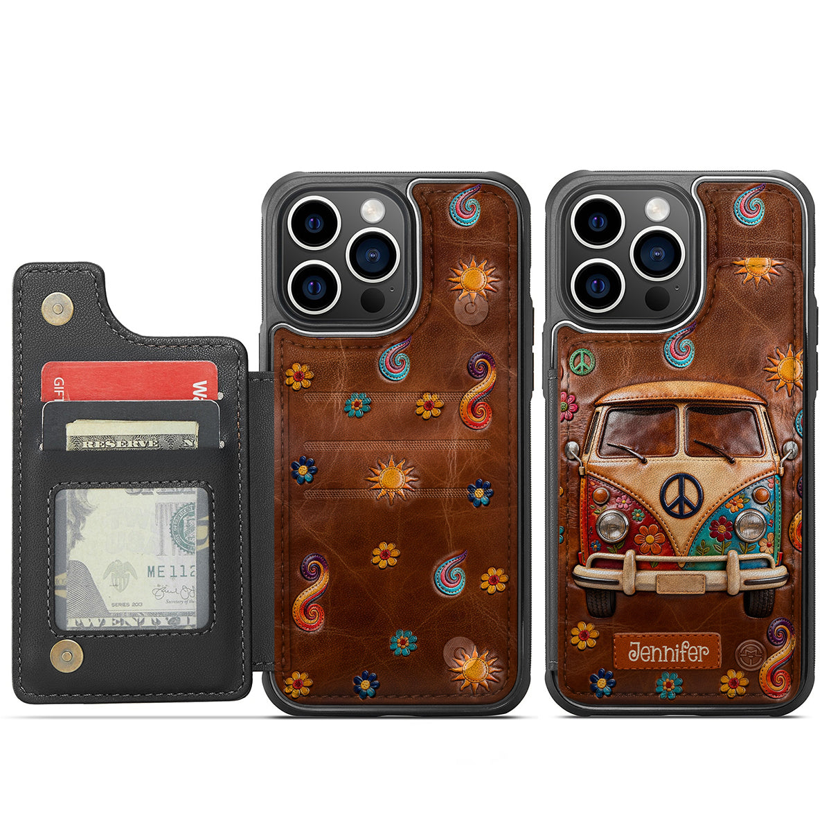Étui portefeuille pour téléphone à motif floral hippie - Étui de téléphone personnalisé et imprimé avec élégance