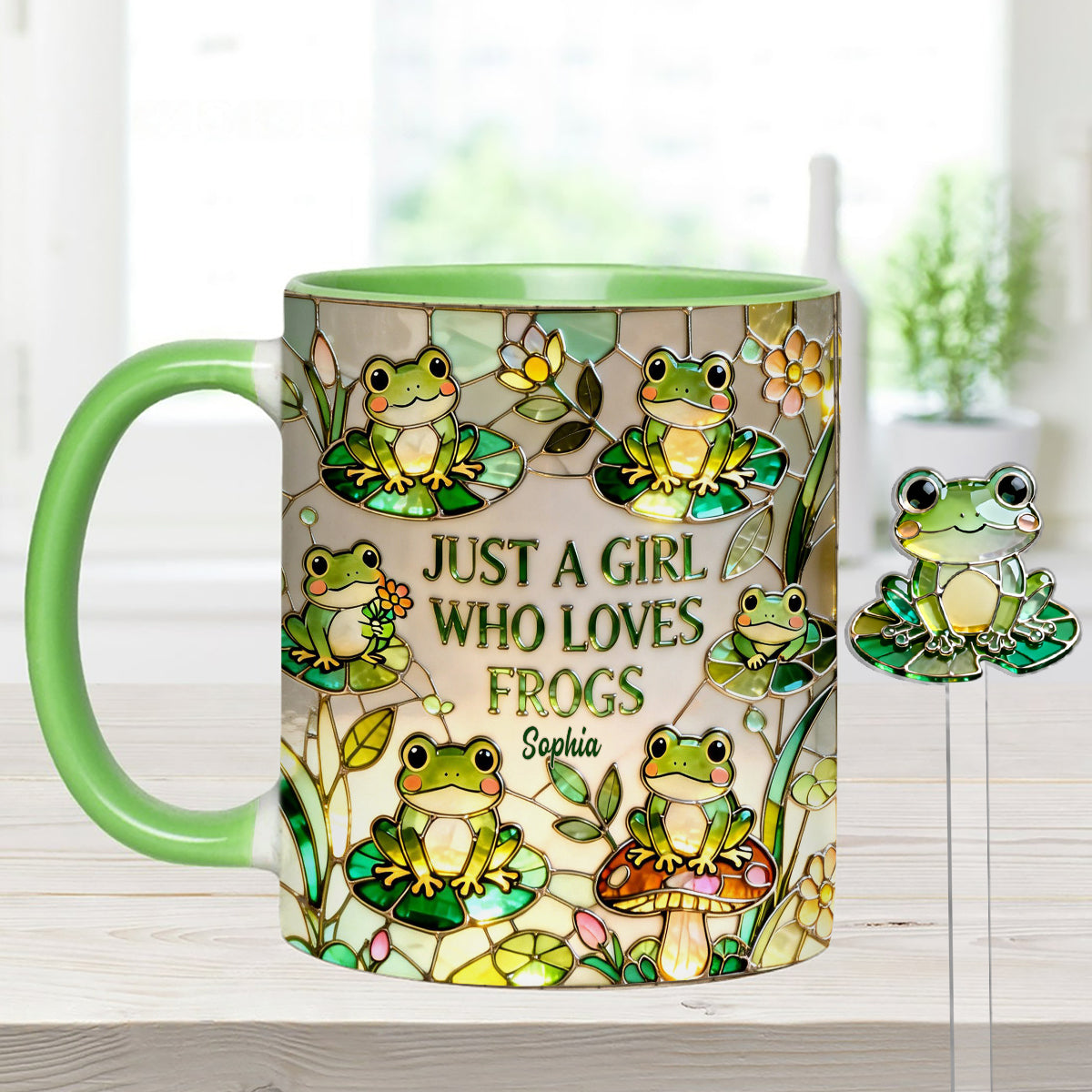 Einfach ein Mädchen, das Frösche liebt – Personalisierte Frosch-Tasse mit Acryl-Rührstäbchen