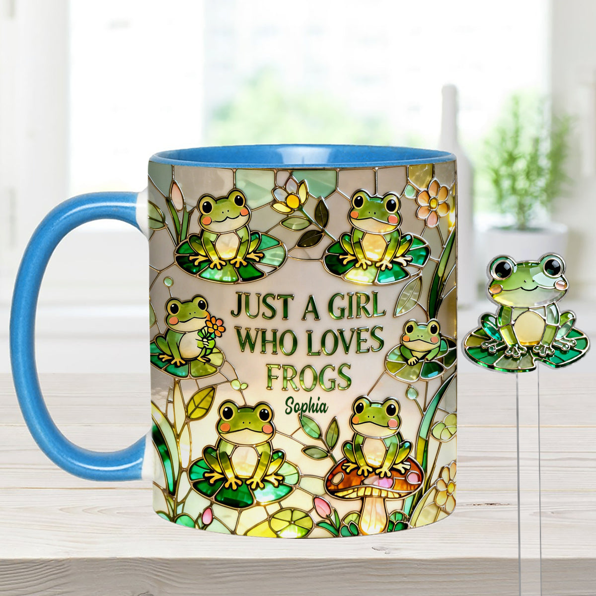 Einfach ein Mädchen, das Frösche liebt – Personalisierte Frosch-Tasse mit Acryl-Rührstäbchen