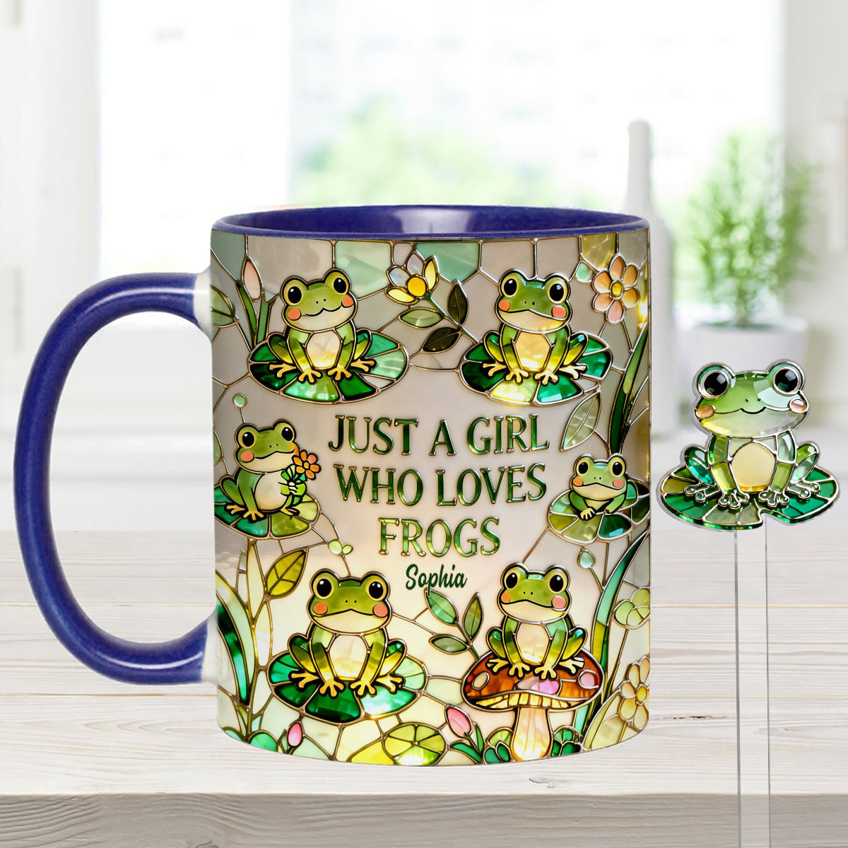 Einfach ein Mädchen, das Frösche liebt – Personalisierte Frosch-Tasse mit Acryl-Rührstäbchen