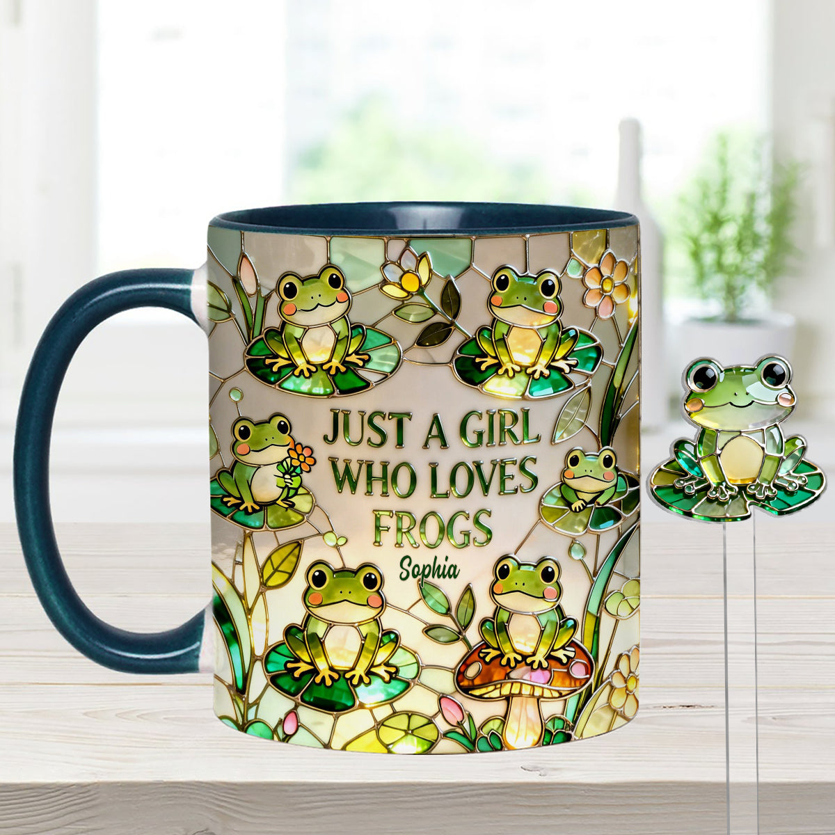 Einfach ein Mädchen, das Frösche liebt – Personalisierte Frosch-Tasse mit Acryl-Rührstäbchen