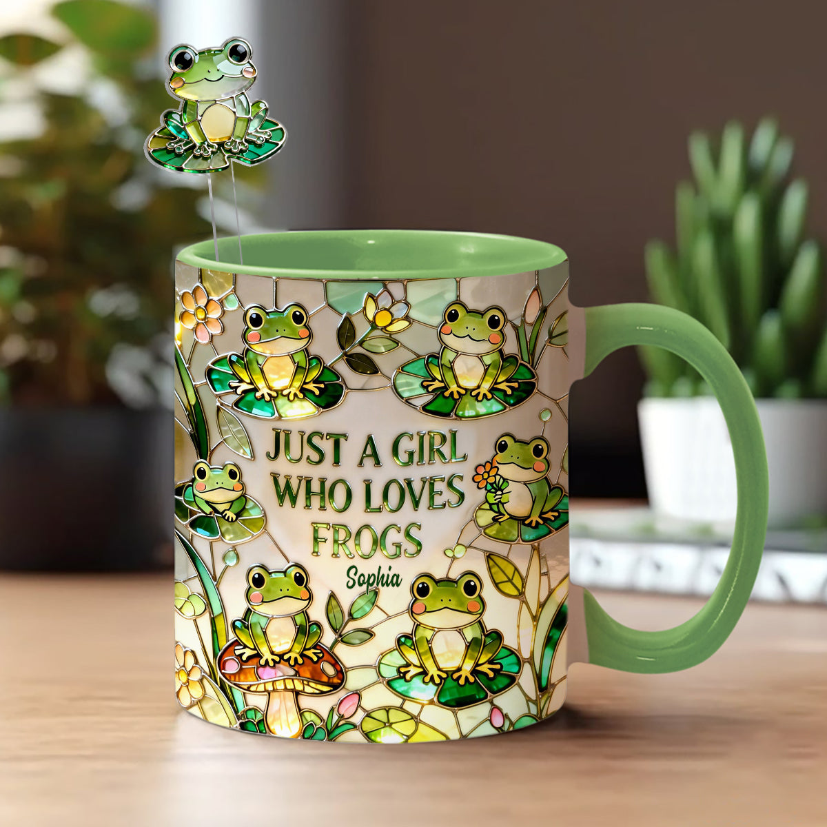 Einfach ein Mädchen, das Frösche liebt – Personalisierte Frosch-Tasse mit Acryl-Rührstäbchen
