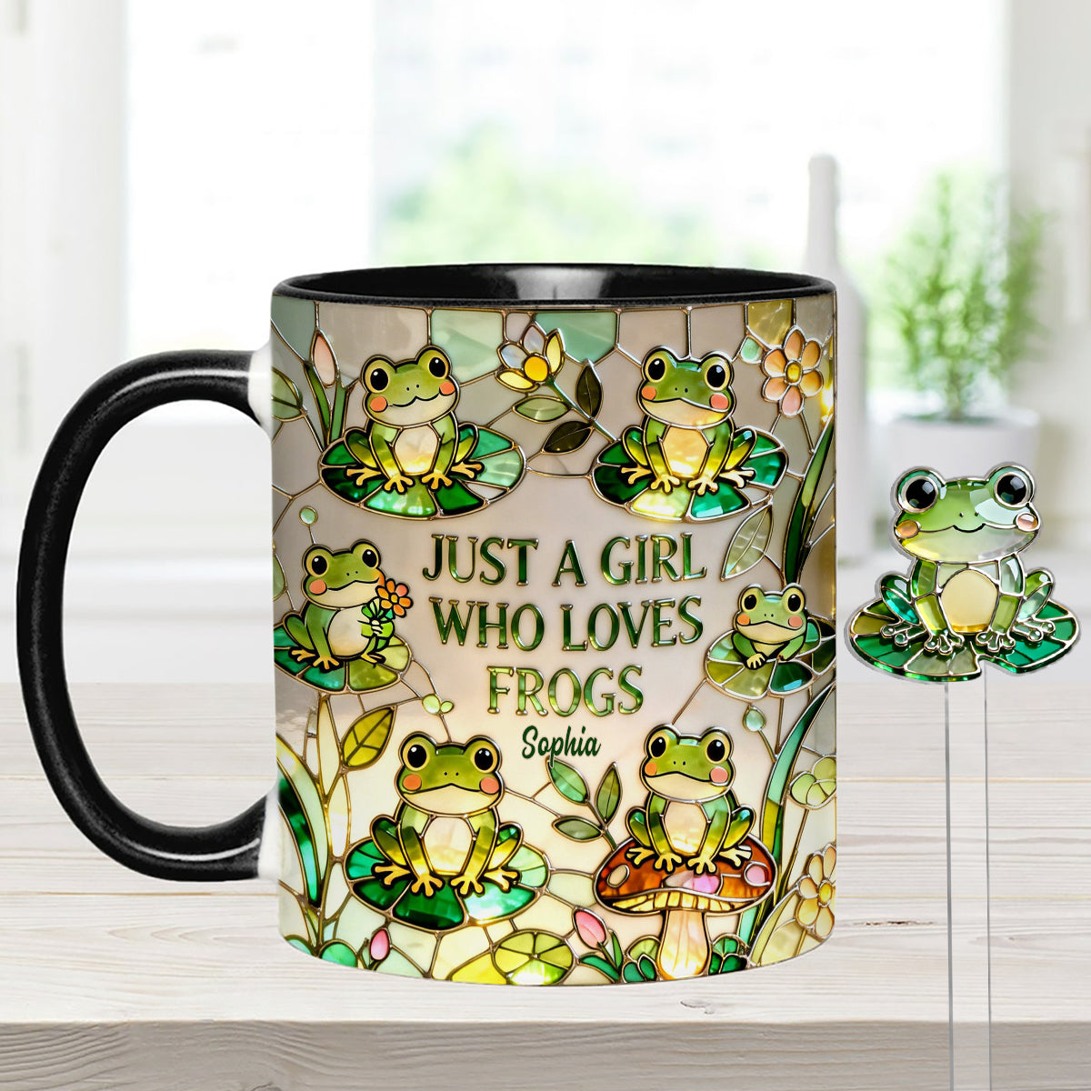 Einfach ein Mädchen, das Frösche liebt – Personalisierte Frosch-Tasse mit Acryl-Rührstäbchen