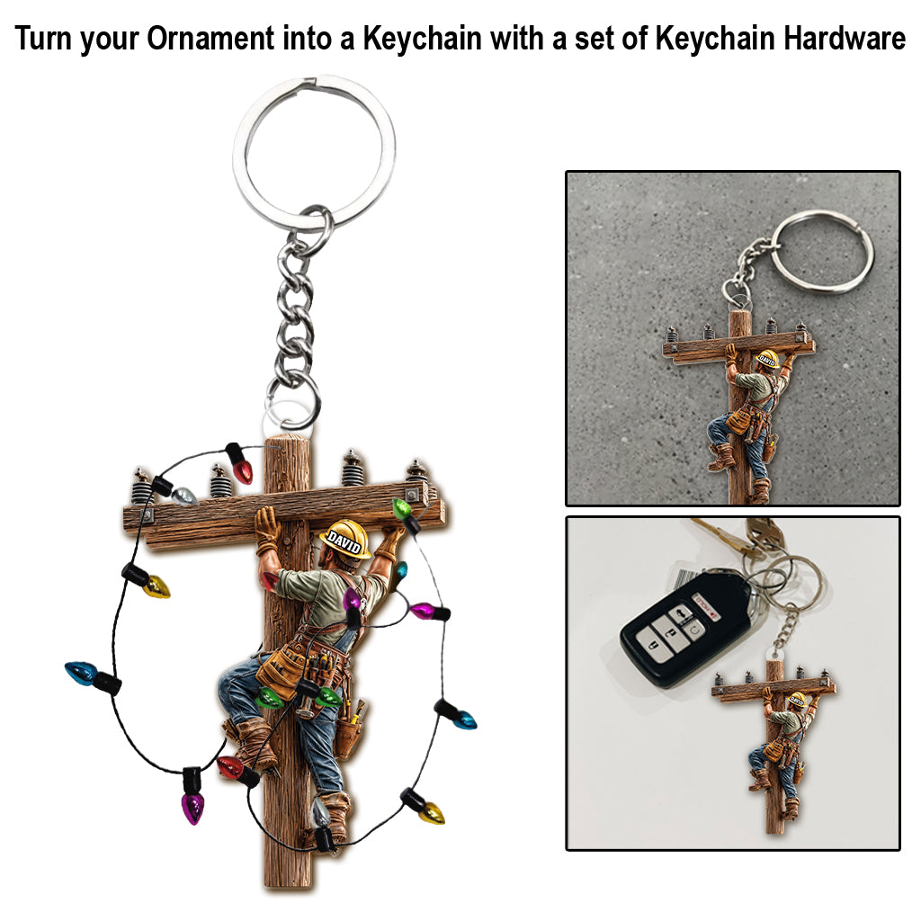 Lineman Ornament With Real Christmas String Light - Personalized Lineman Miniature Light String Ornament