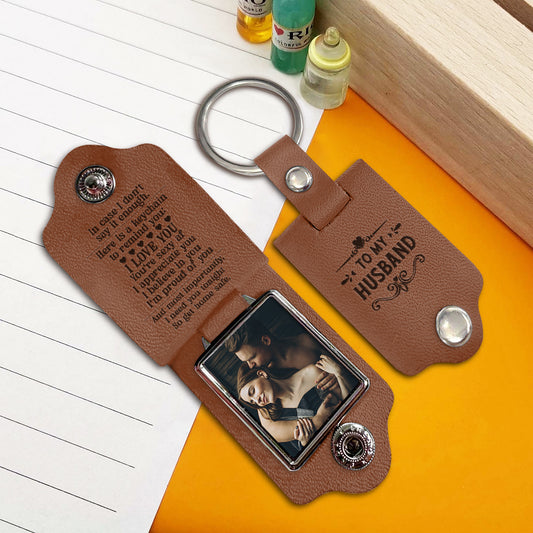 Here A Keychain To Remind I Love You - gift for husband, wife, boyfriend, girlfriend - Personalized Leather Photo Keychain