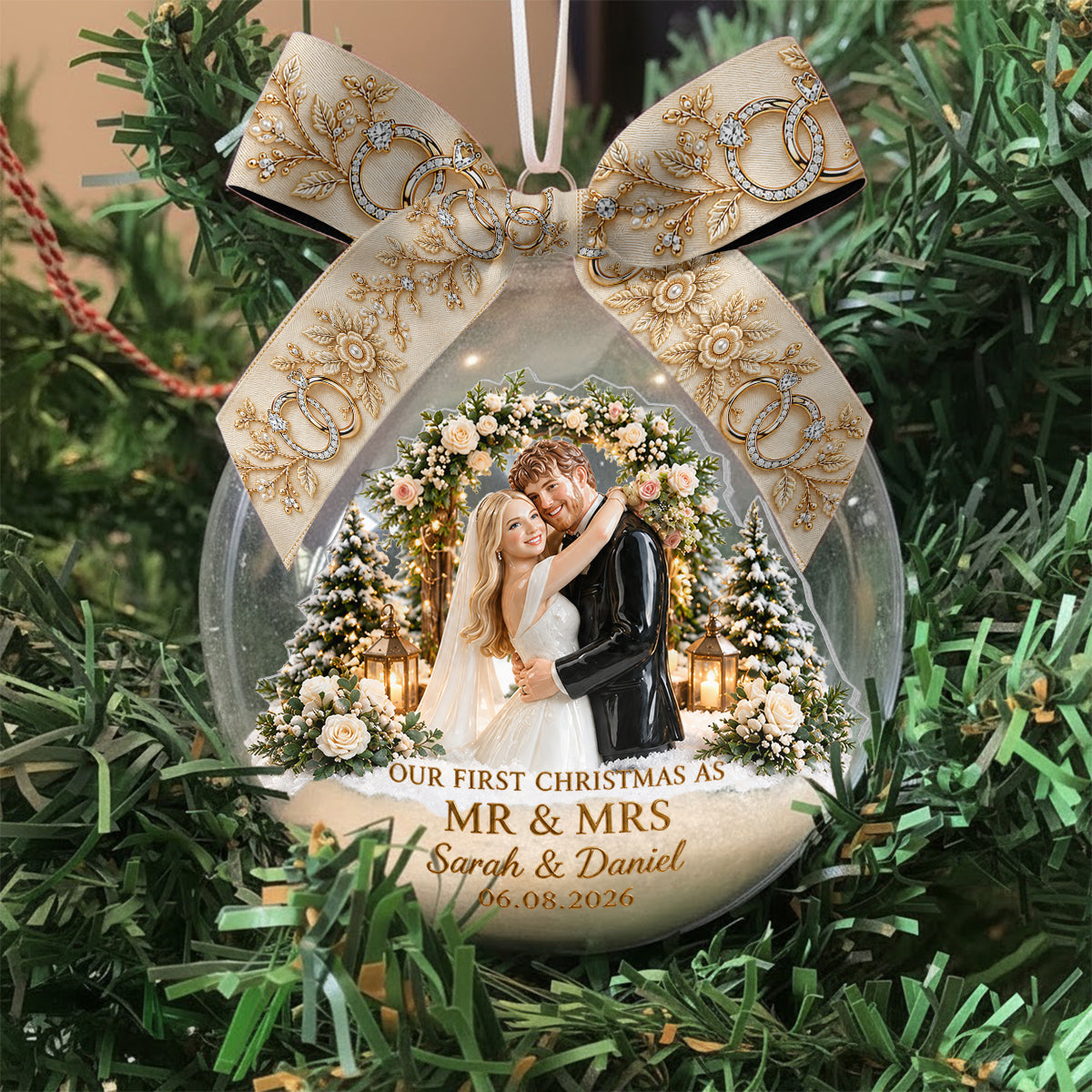 First Christmas Married - Personalized Couple Snow Globe Ornament With Bow