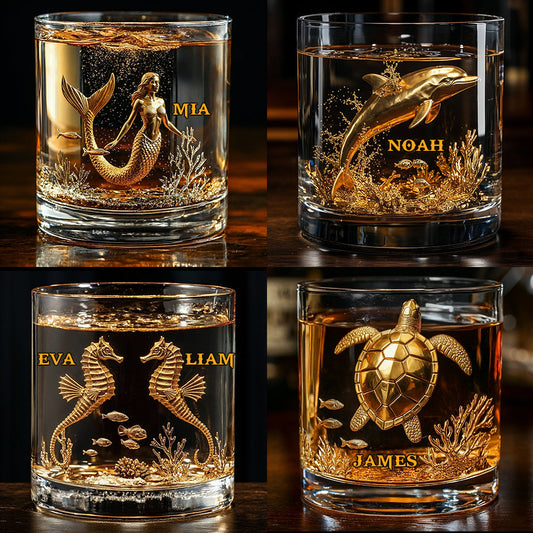 Geschenk für Meeresliebhaber: Personalisiertes Whiskyglas mit Schildkröte, Delfin, Meerjungfrau und Seepferdchen