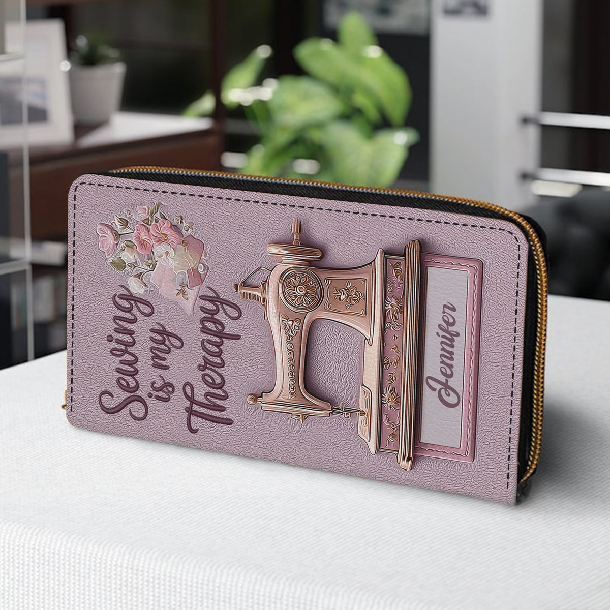 La couture est ma thérapie - Portefeuille long en cuir personnalisé