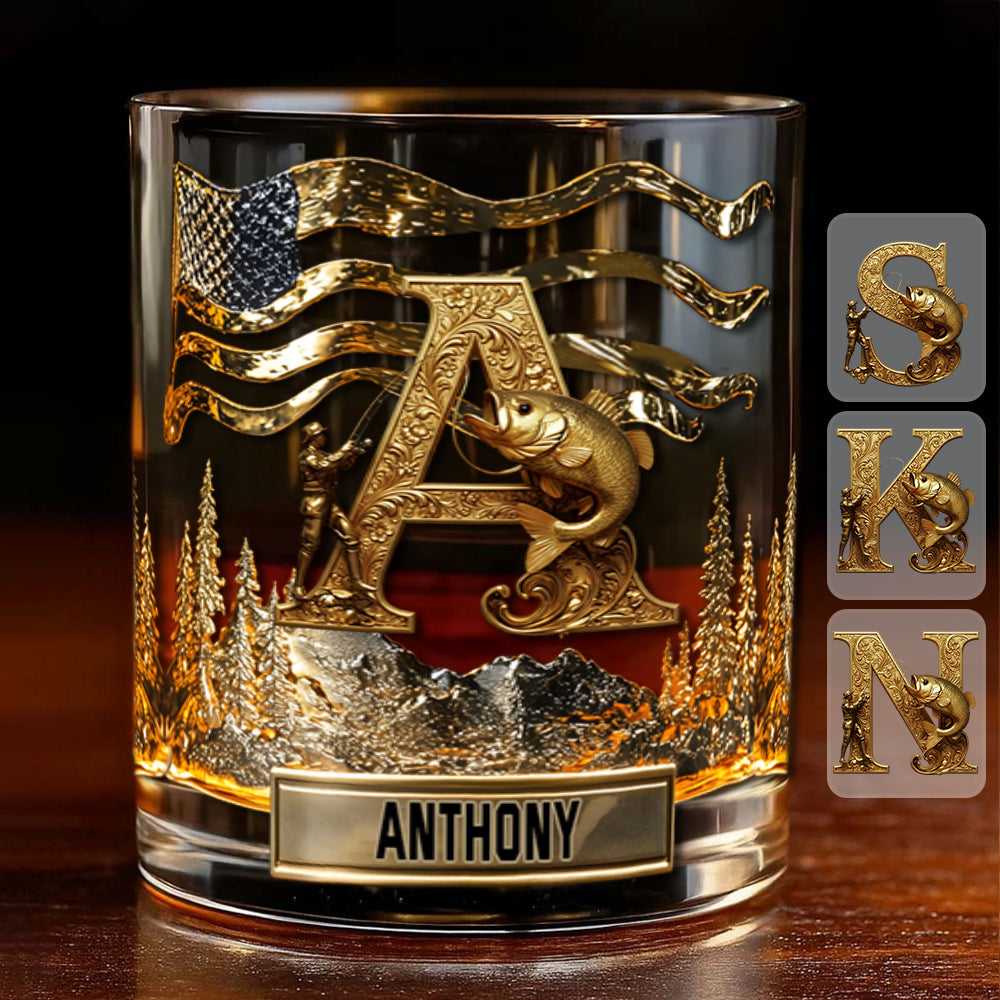 Alphabet-Anfangsbuchstabe für Angelfreunde – personalisiertes Whiskyglas für Angler