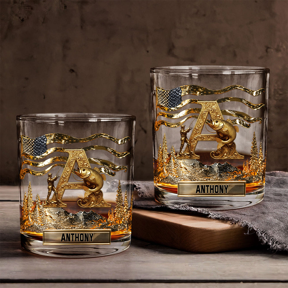 Alphabet-Anfangsbuchstabe für Angelfreunde – personalisiertes Whiskyglas für Angler