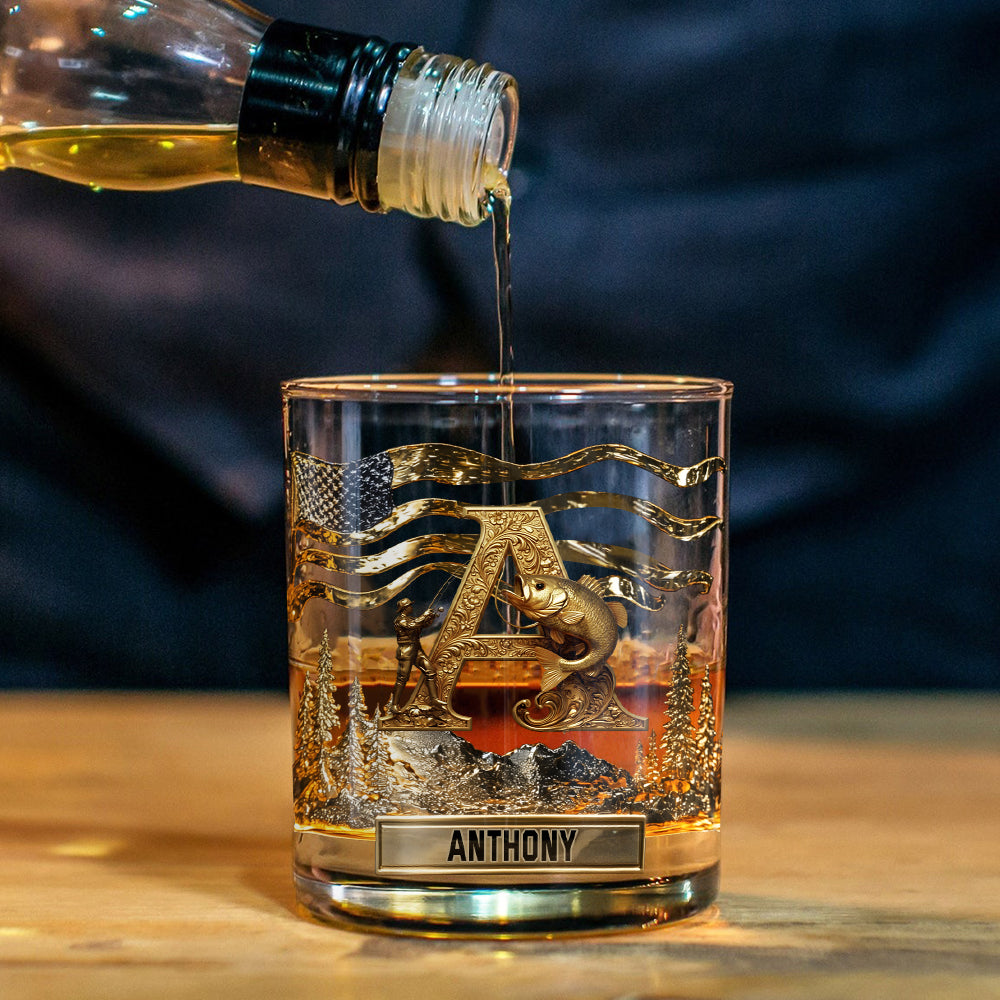 Alphabet-Anfangsbuchstabe für Angelfreunde – personalisiertes Whiskyglas für Angler