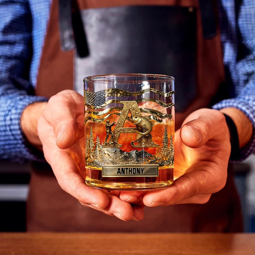 Alphabet-Anfangsbuchstabe für Angelfreunde – personalisiertes Whiskyglas für Angler