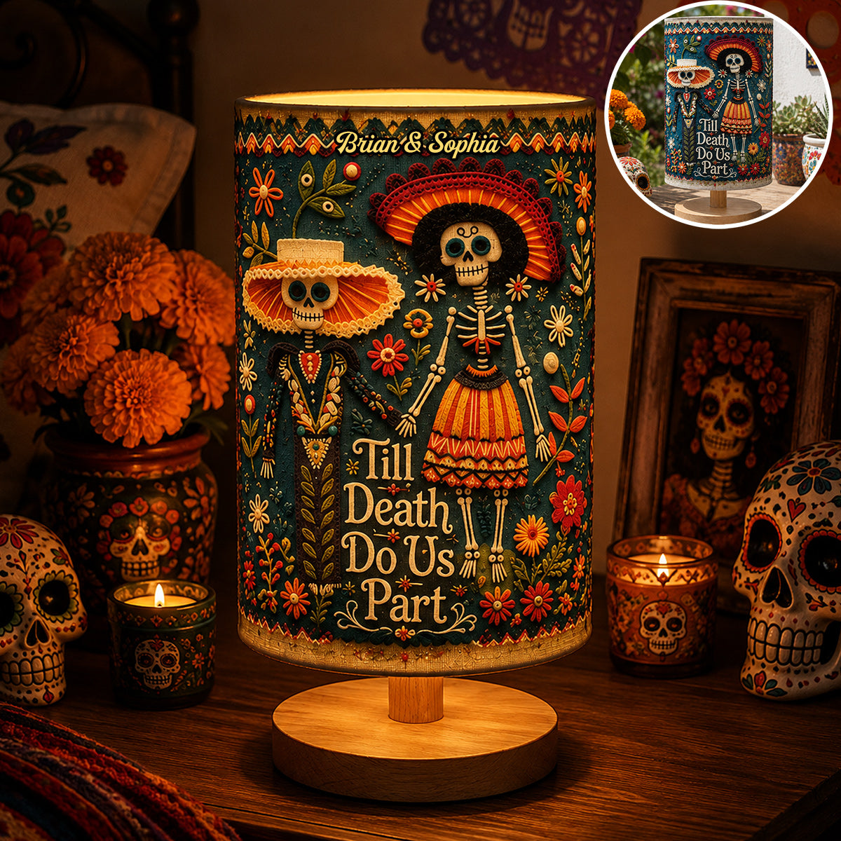 Till Death Do Us Part - Personalized Skull Table Lamp With Wood Base