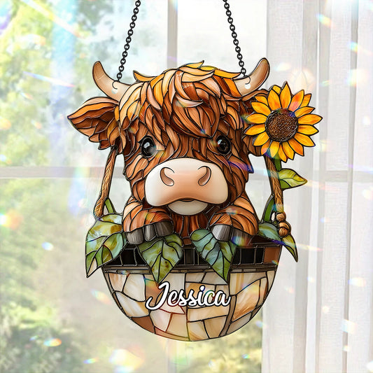 Mignonne vache des Highlands et tournesol - Ornement attrape-soleil personnalisé à suspendre à la fenêtre, vache des Highlands