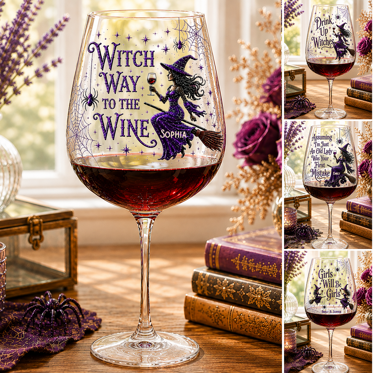 Drink Up Witches - Personalisierte Hexen-Weingläser Set mit Holzbox