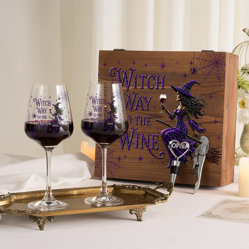 Drink Up Witches - Personalisierte Hexen-Weingläser Set mit Holzbox