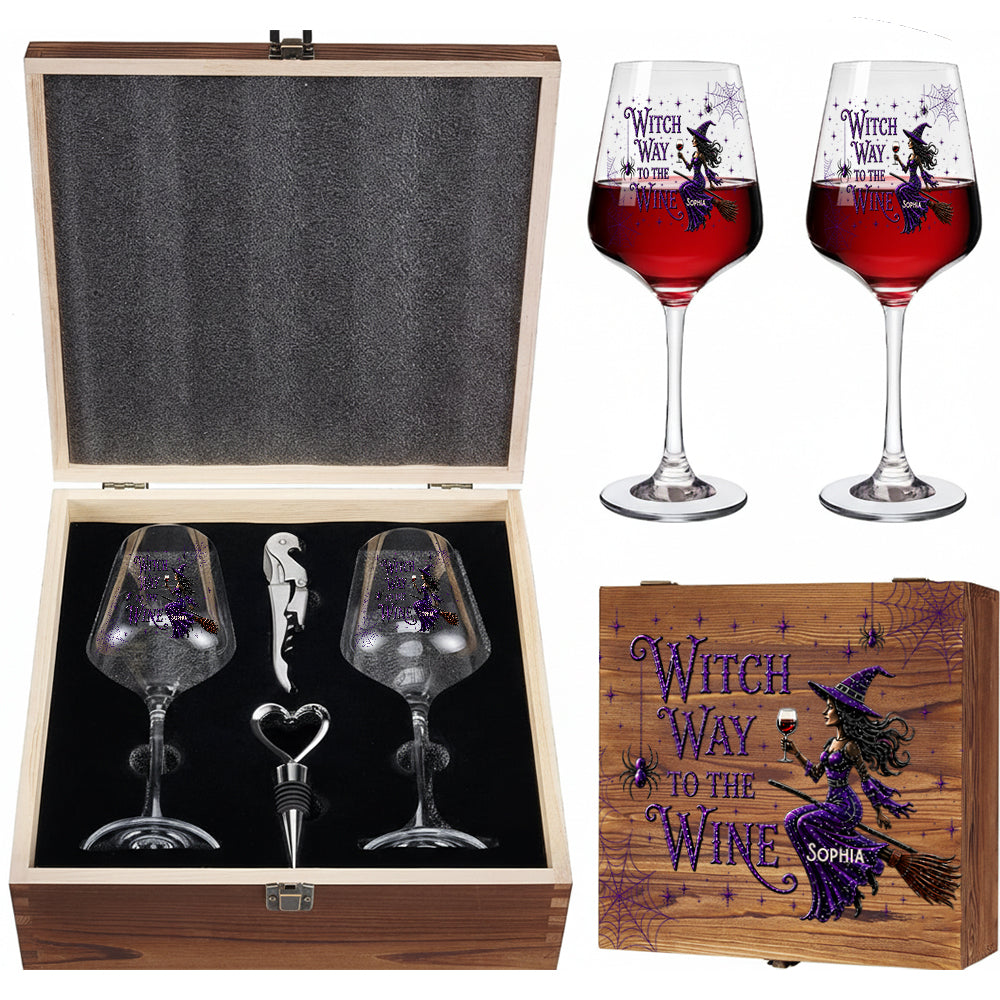 Drink Up Witches - Personalisierte Hexen-Weingläser Set mit Holzbox