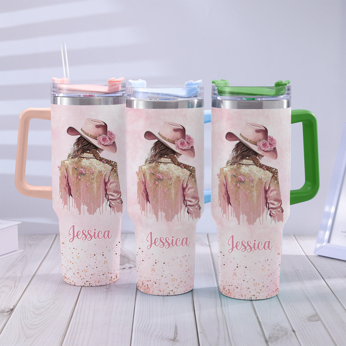 Cowgirl-Spirit – Personalisierter Cowgirl-Trinkbecher mit Henkel