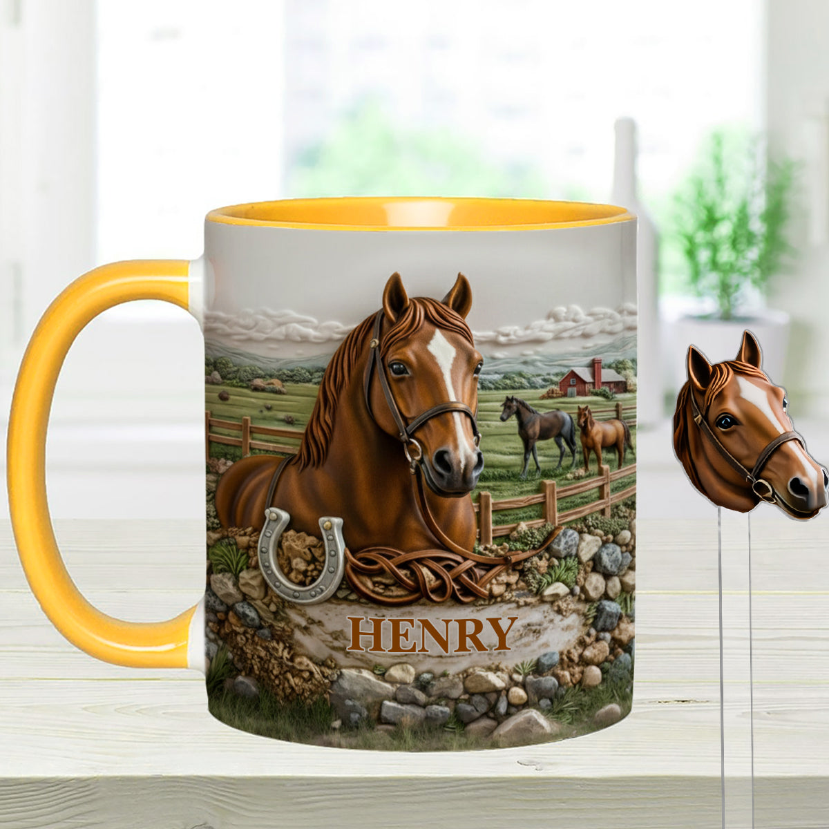 Geschenk für Pferdeliebhaber – Personalisierte Tasse mit Pferdemotiv und Acryl-Rührstäbchen