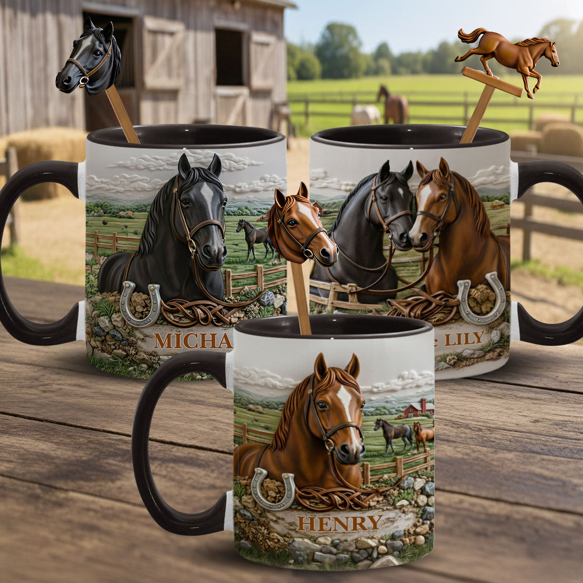 Geschenk für Pferdeliebhaber – Personalisierte Tasse mit Pferdemotiv und Acryl-Rührstäbchen