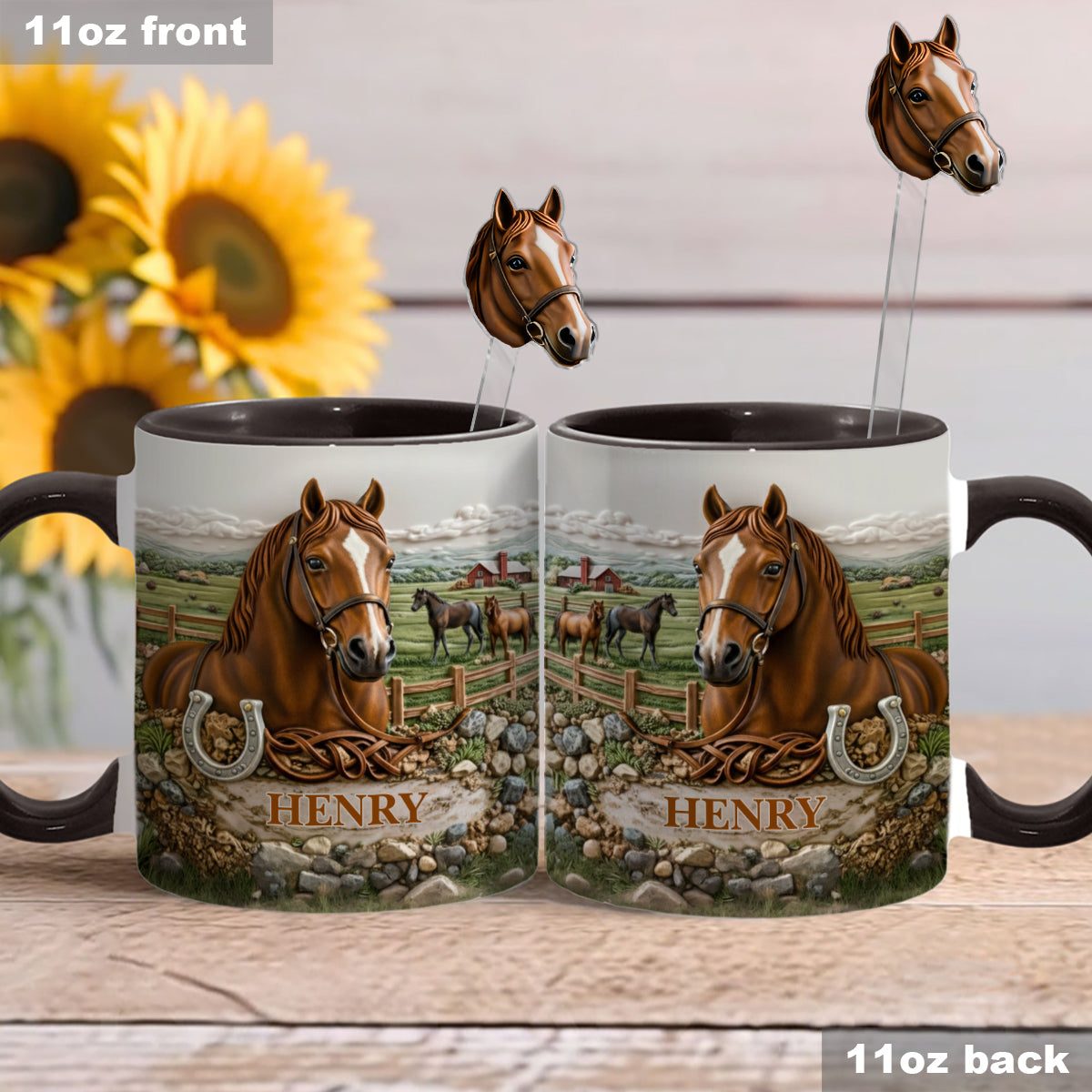 Geschenk für Pferdeliebhaber – Personalisierte Tasse mit Pferdemotiv und Acryl-Rührstäbchen