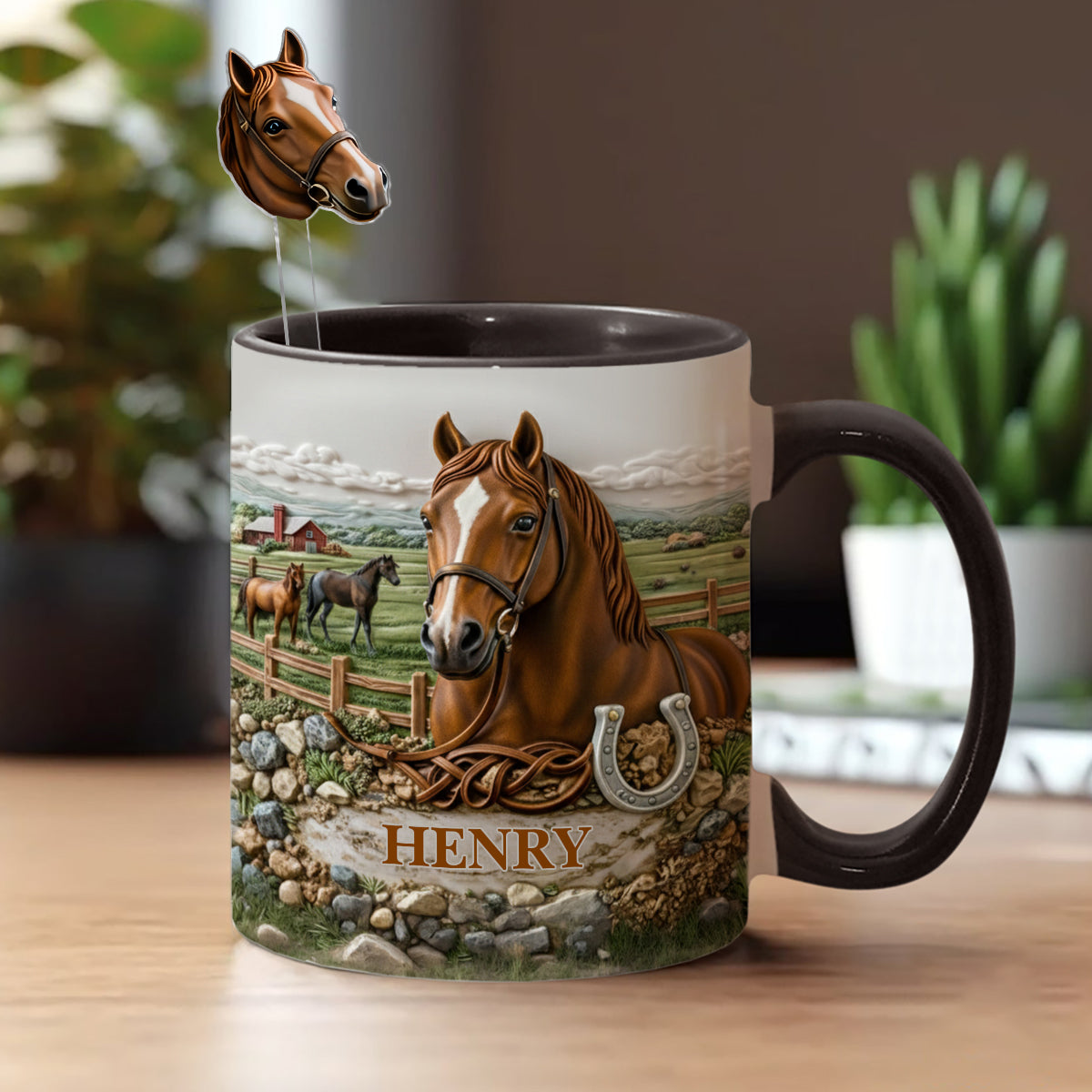 Geschenk für Pferdeliebhaber – Personalisierte Tasse mit Pferdemotiv und Acryl-Rührstäbchen