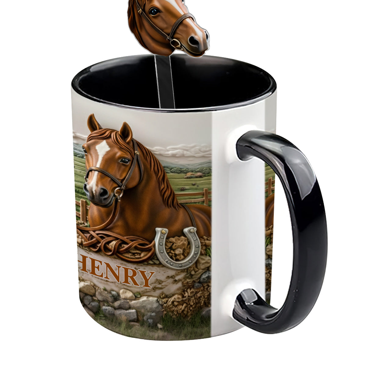 Geschenk für Pferdeliebhaber – Personalisierte Tasse mit Pferdemotiv und Acryl-Rührstäbchen