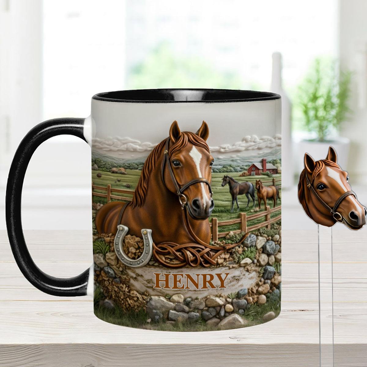 Geschenk für Pferdeliebhaber – Personalisierte Tasse mit Pferdemotiv und Acryl-Rührstäbchen