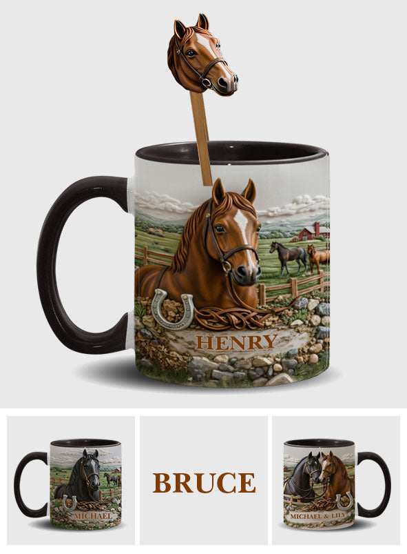 Geschenk für Pferdeliebhaber – Personalisierte Tasse mit Pferdemotiv und Acryl-Rührstäbchen