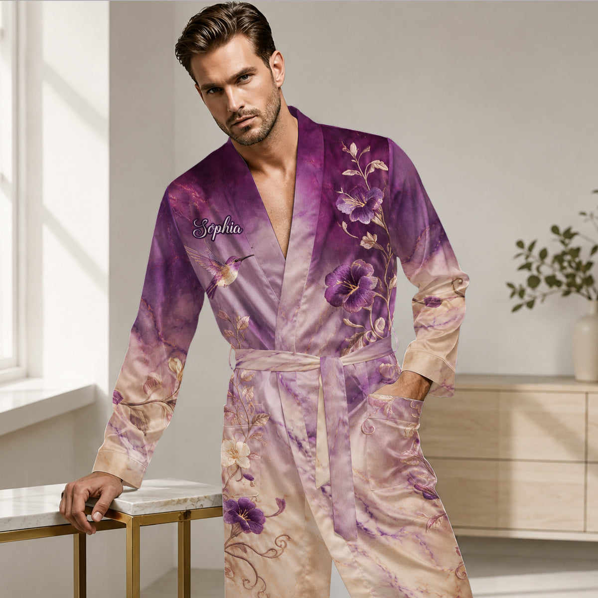 Liebe Kolibri - Personalisierter Kolibri Satin Morgenmantel