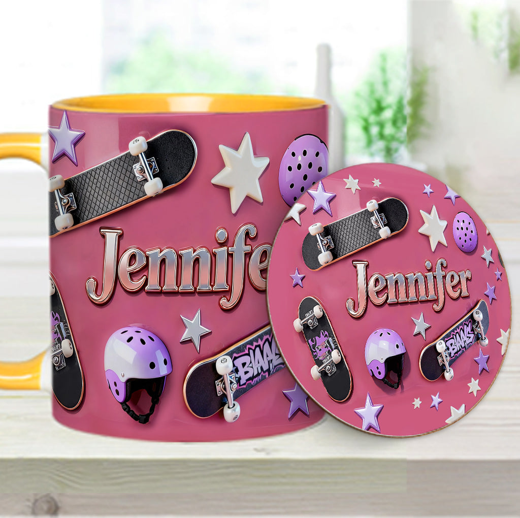 Skateboard-Begeisterung – Personalisierte Tasse und Untersetzer mit Skateboard-Motiv