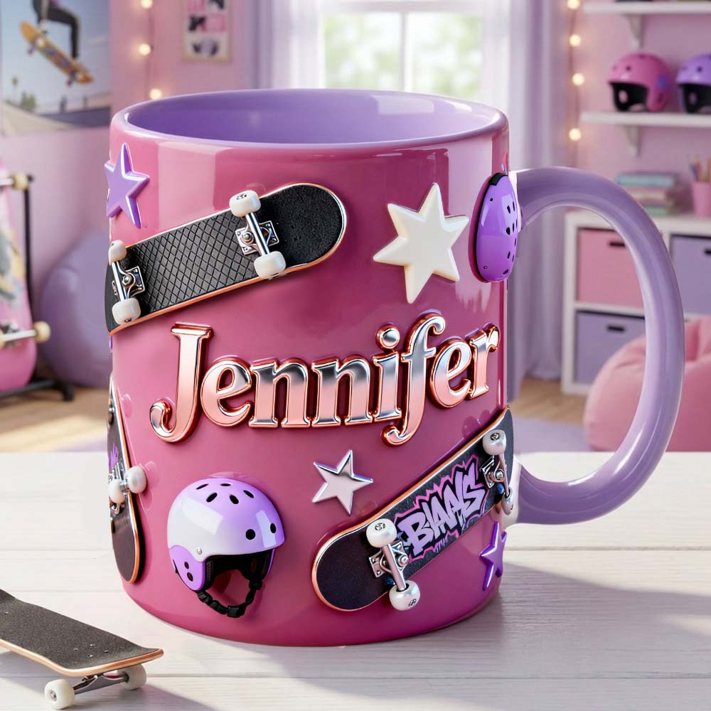 Skateboard-Begeisterung – Personalisierte Tasse und Untersetzer mit Skateboard-Motiv
