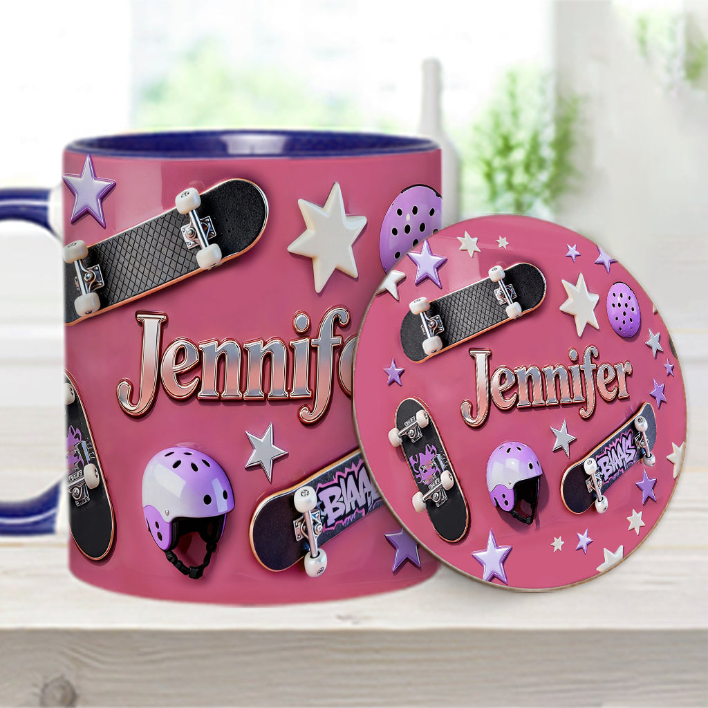 Skateboard-Begeisterung – Personalisierte Tasse und Untersetzer mit Skateboard-Motiv