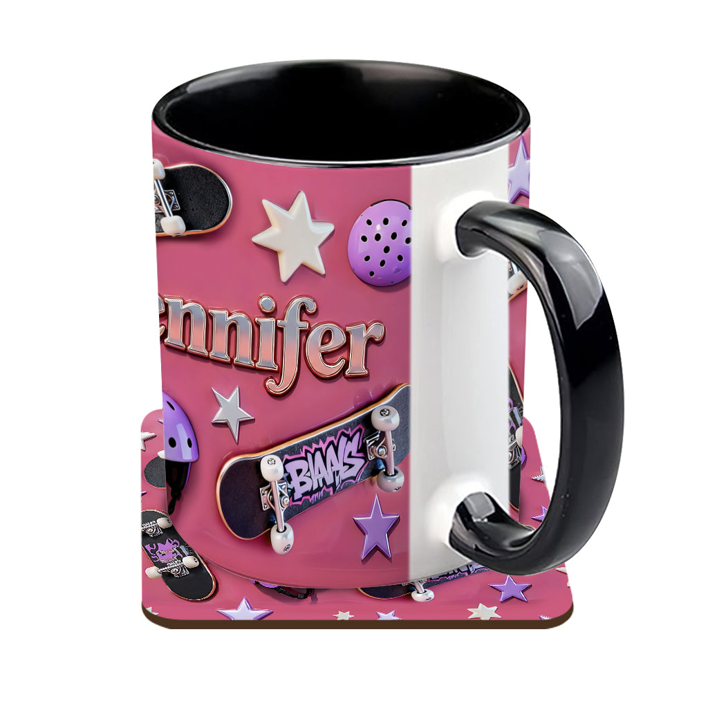 Skateboard-Begeisterung – Personalisierte Tasse und Untersetzer mit Skateboard-Motiv