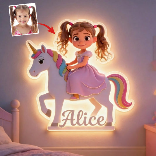 Personalisiertes Einhorn-Prinzessinnen-Schild nach Foto – Acryl-Leuchtschild für Kinder