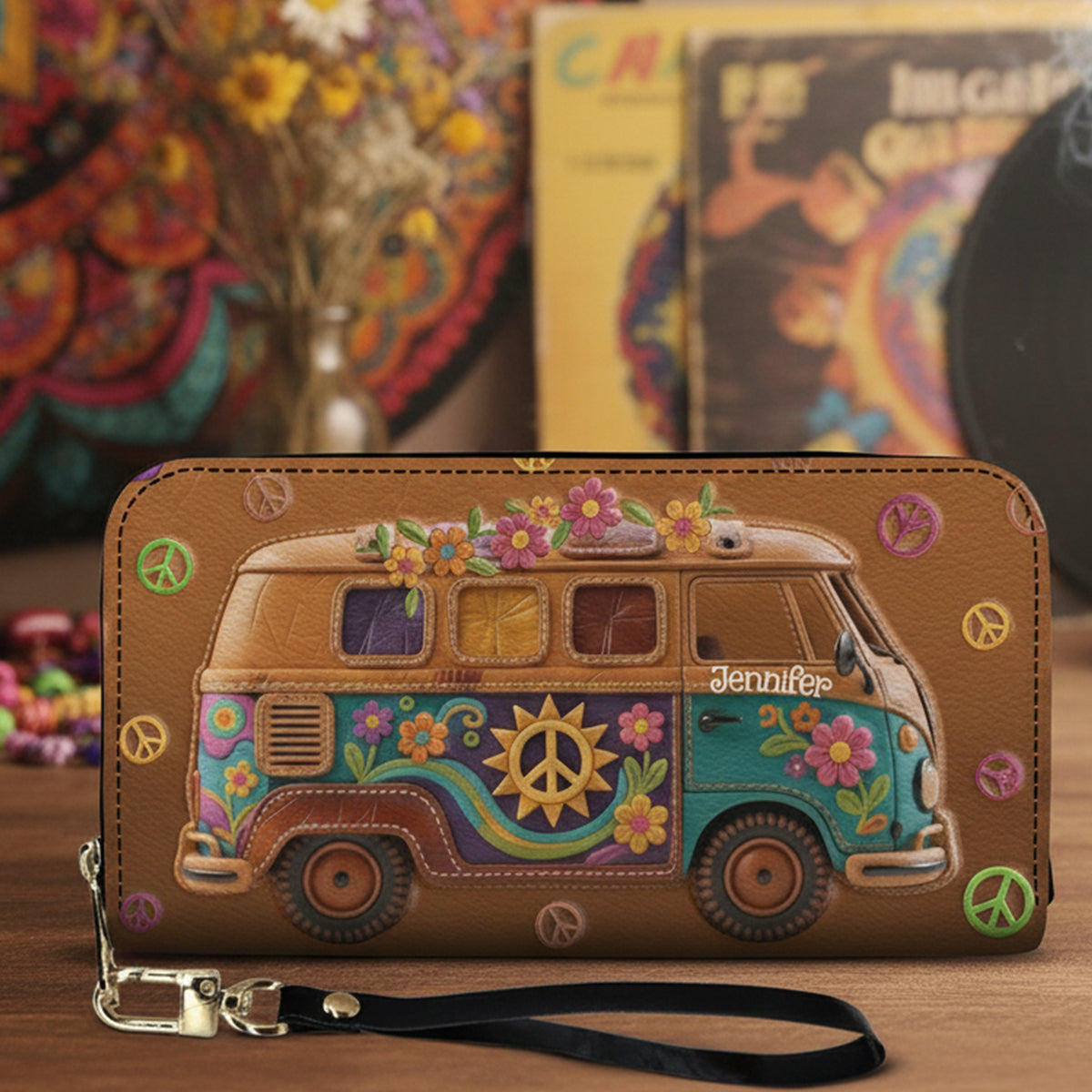 Van hippie fleuri - Portefeuille long en cuir hippie personnalisé