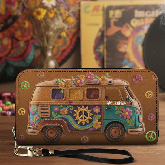 Van hippie fleuri - Portefeuille long en cuir hippie personnalisé