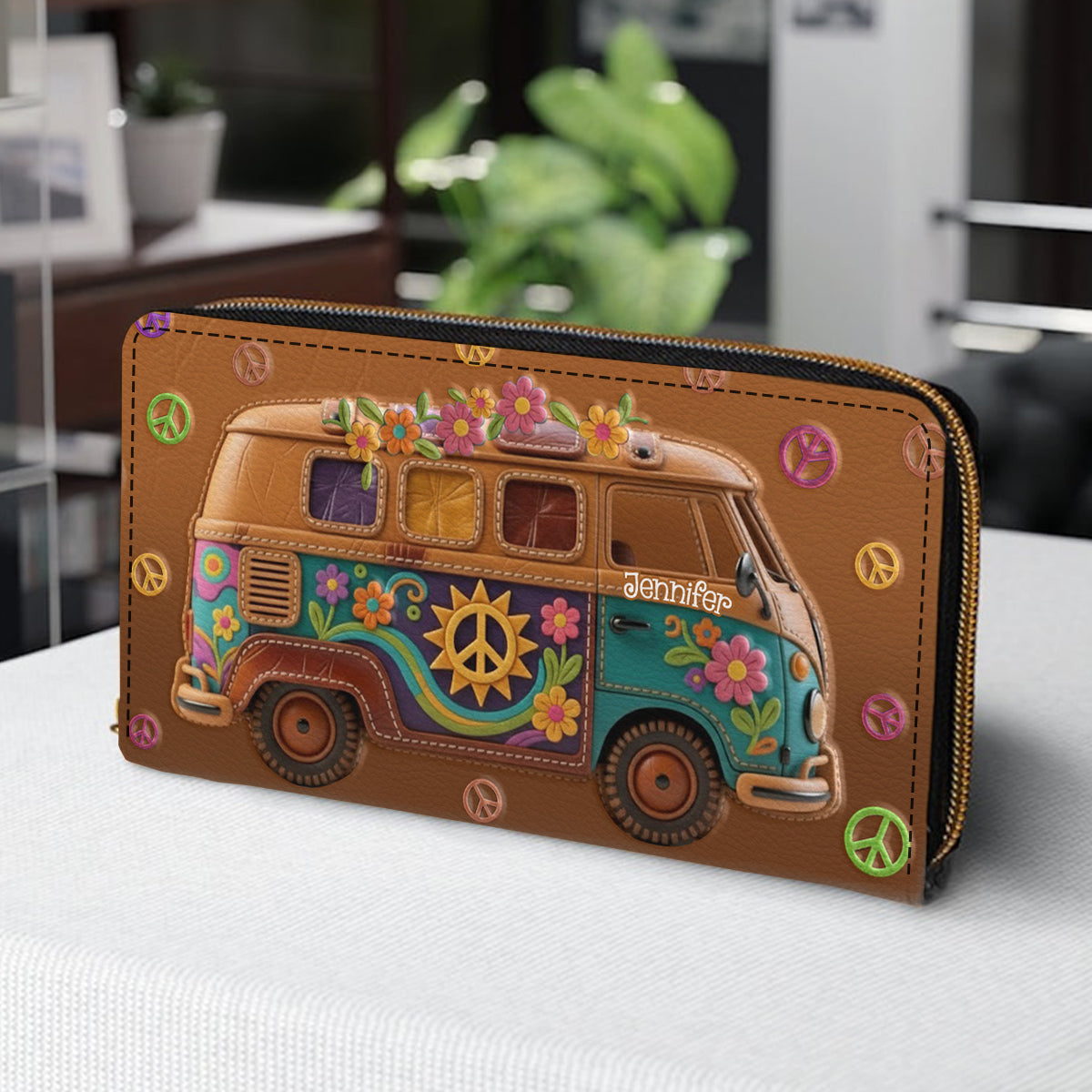 Van hippie fleuri - Portefeuille long en cuir hippie personnalisé