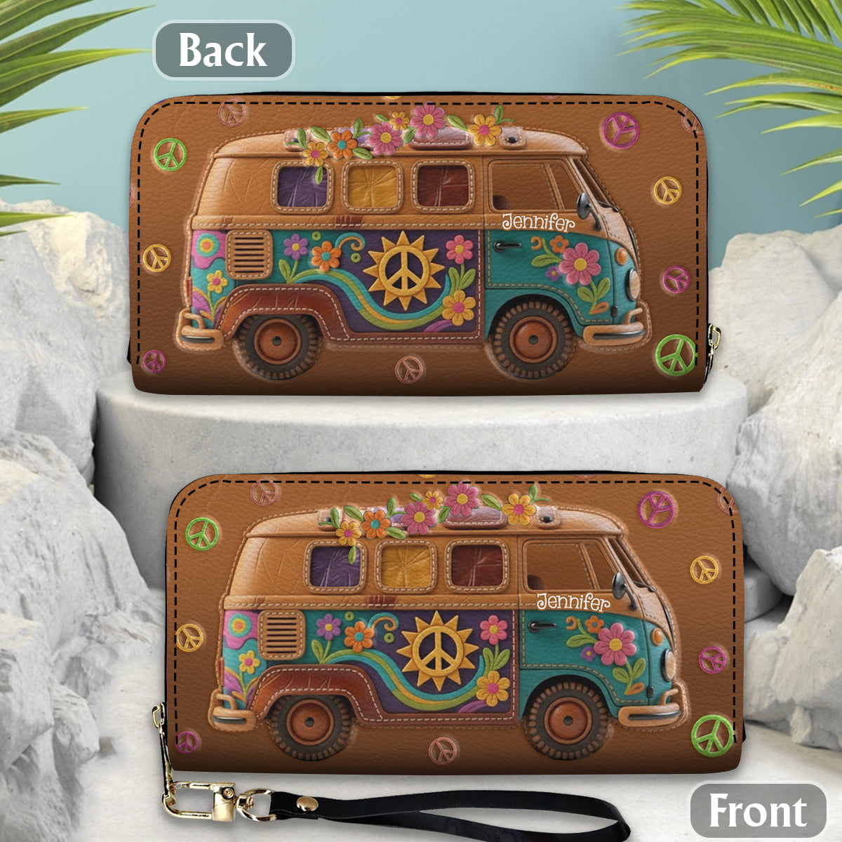 Van hippie fleuri - Portefeuille long en cuir hippie personnalisé