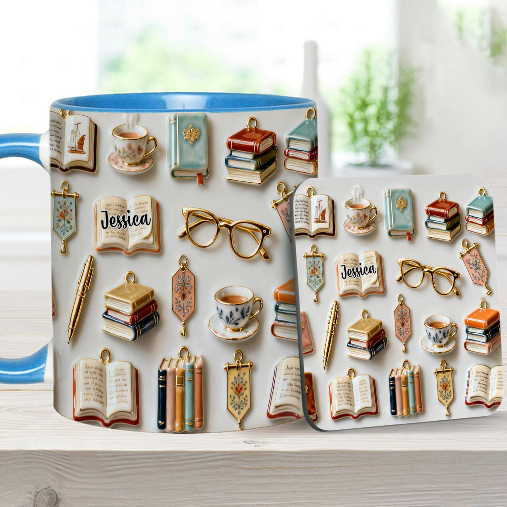 Une fille qui aime les livres - Mug et sous-verre personnalisés avec motif livre