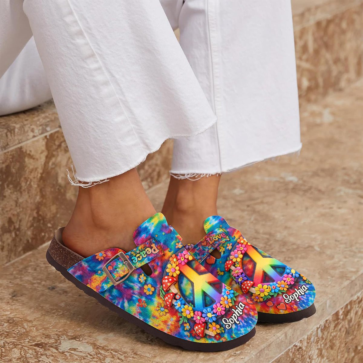 Style hippie, paix et amour hippie - Sabots hippies personnalisés avec soutien de la voûte plantaire