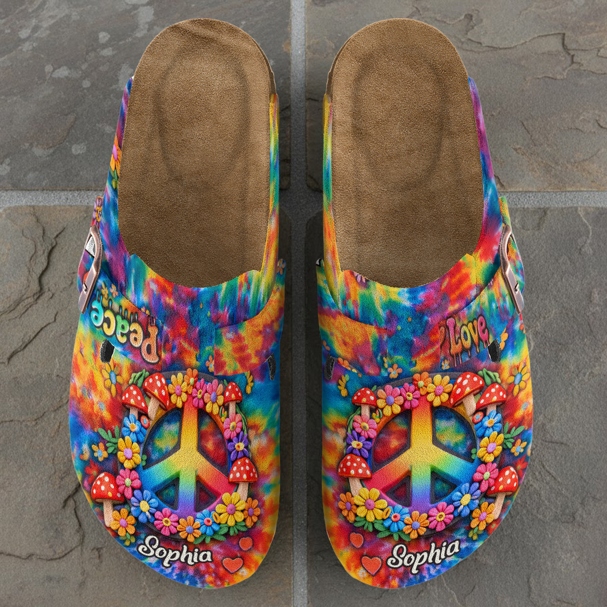 Style hippie, paix et amour hippie - Sabots hippies personnalisés avec soutien de la voûte plantaire