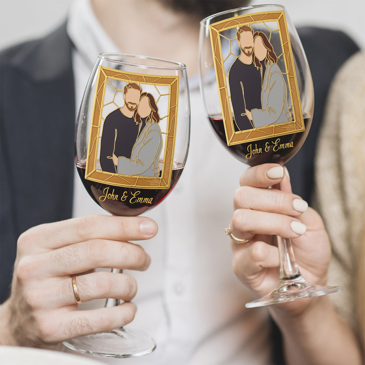 Custom One Line Art From Photo, Hand Painted Stained Glass Style - Personalized Couple Wine Glass With Long Stem