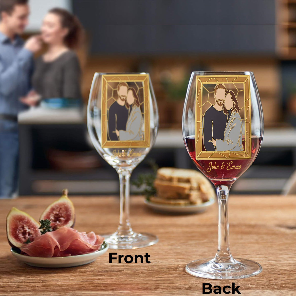 Custom One Line Art From Photo, Hand Painted Stained Glass Style - Personalized Couple Wine Glass With Long Stem