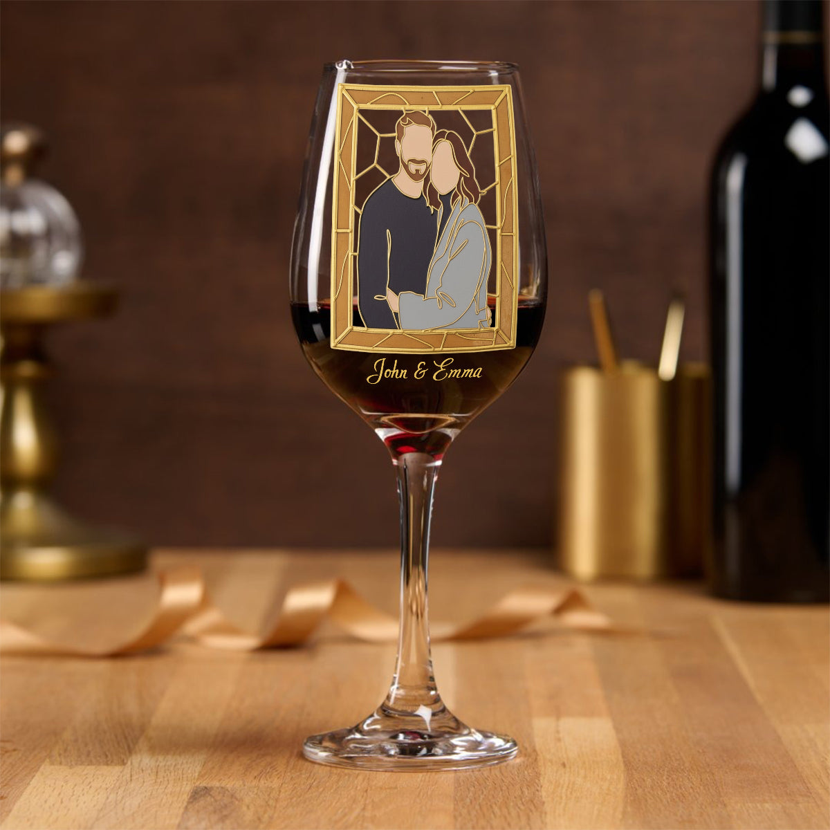 Custom One Line Art From Photo, Hand Painted Stained Glass Style - Personalized Couple Wine Glass With Long Stem